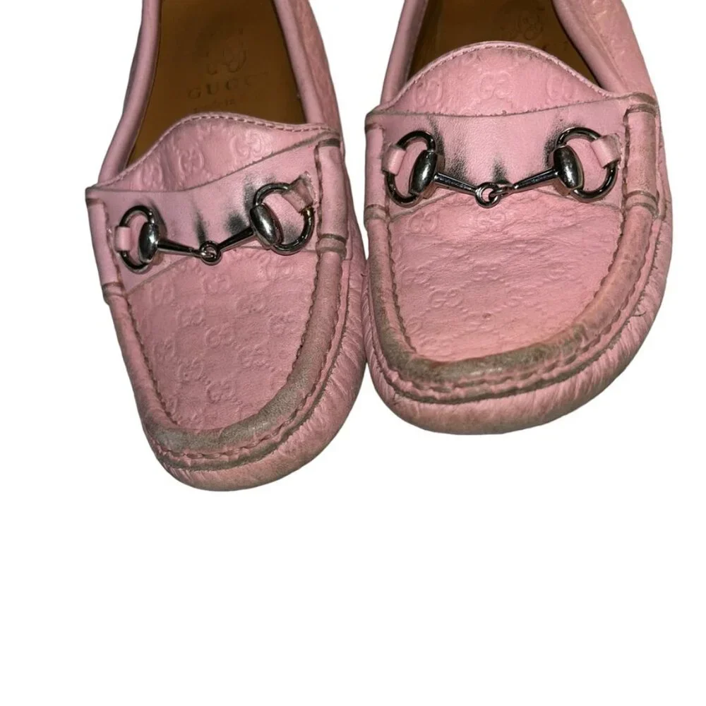 Gucci pink GG logo imprint leather GIRLS driving Italian moccasins 37 5